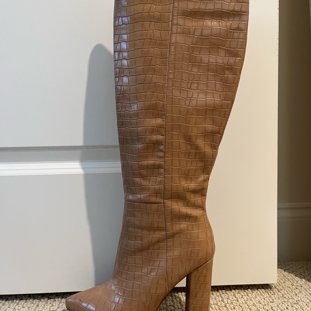 Billini Tan Croc-Embossed Over the Knee Boots